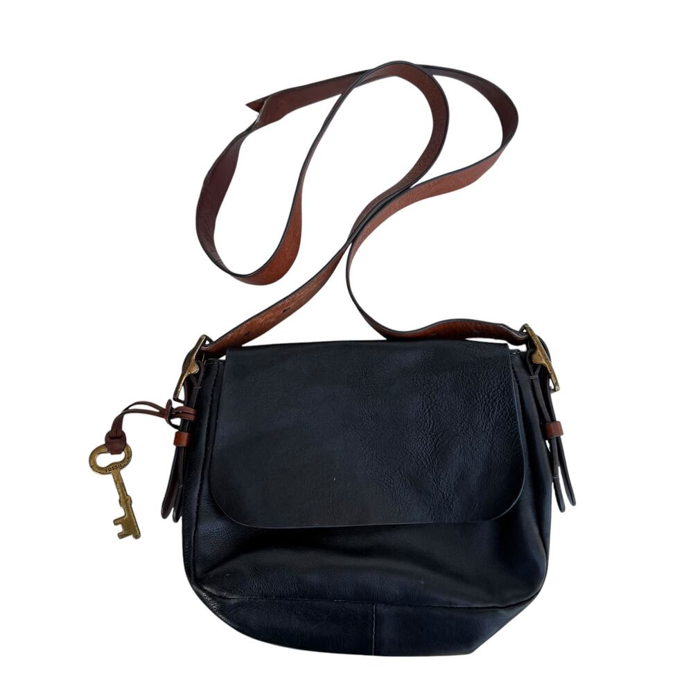 Vintage Fossil Black & Brown Leather Small Crossbody Bag with Adjustable Strap